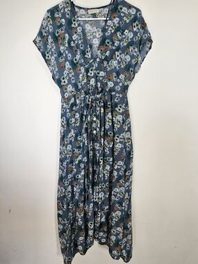 Just Living Floral V-Neck Button Front Maxi Dress with Waist Tie Size M Boho